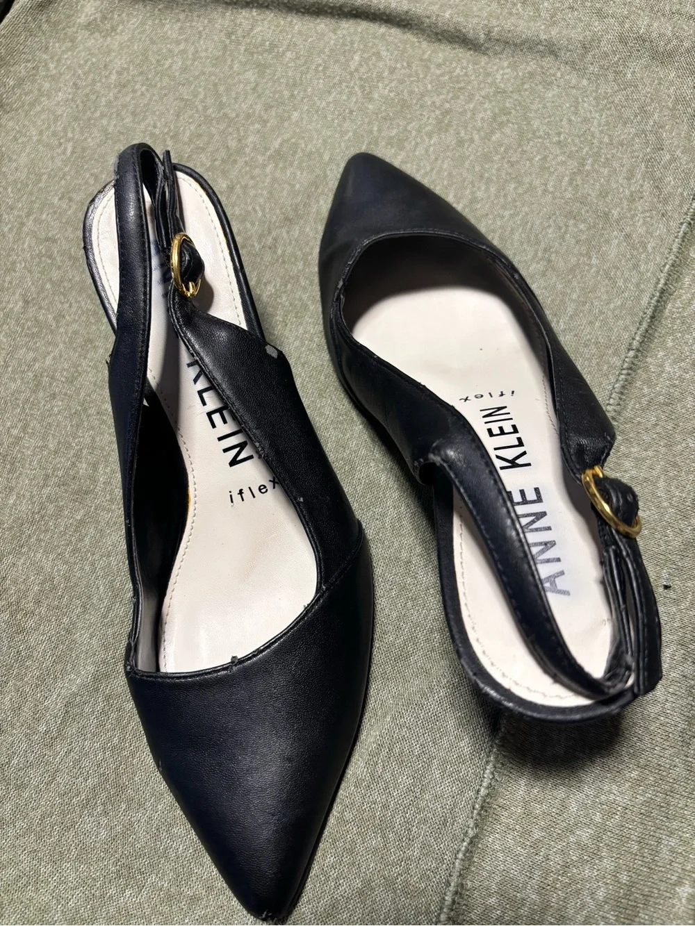 Anne Klein Black Pointed Toe Slingback Flats with Gold Buckle